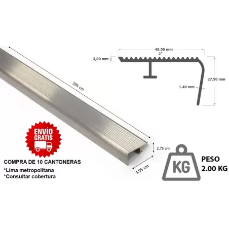 CANTONERA ALUMINIO 2" X 6 METROS (49.50 MM X 27.50 MM X 5.95 M) PESADA