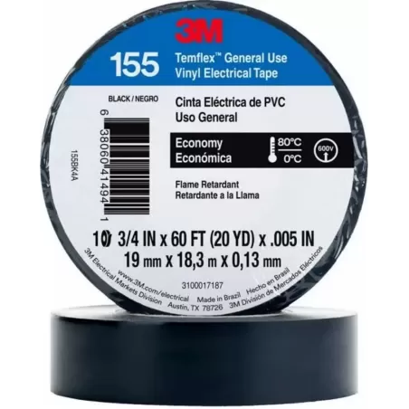 CINTA AISLANTE GRANDE - 3M TEMFLEX 155 - 19MM 18 METROS NEGRO