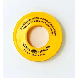 CINTA TEFLON AMARILLO PARA GAS Y AGUA CALIENTE 1/2" X 8 YDS - C&A