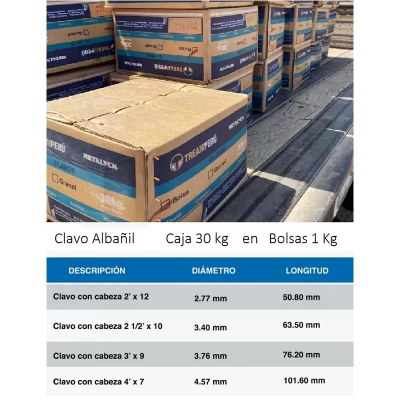 CLAVO ALBAÑIL CON CABEZA 4 " X 7 -  - CAJA 30 KG  - METALYCK