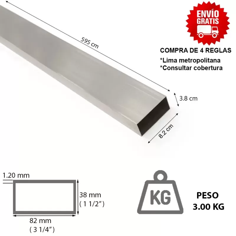 REGLA DE ALUMINIO PESADA 3 1/4" x 1 1/2" x 6 METROS (5.95  MT) x 1.20 MM