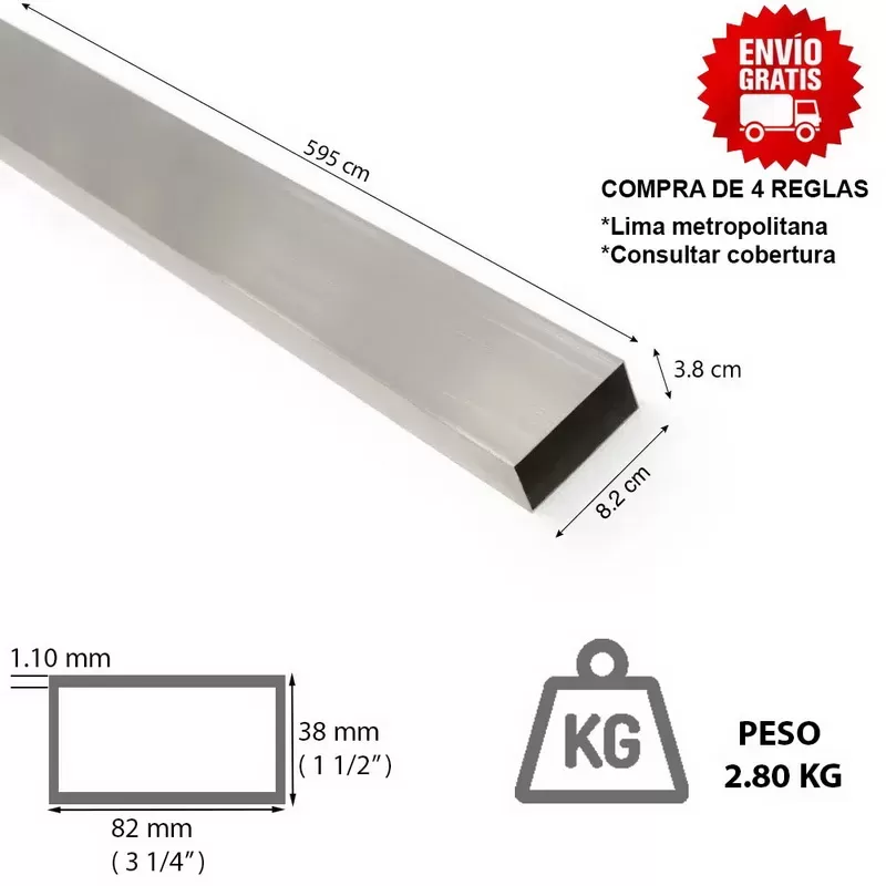 REGLA DE ALUMINIO 3 1/4" x 1 1/2" x 6 METROS (5.95  MT) x 1.10 MM SEMIPESADA