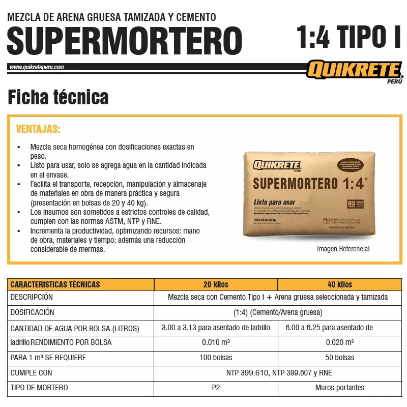 SUPERMORTERO 1:4 TIPO I - QUIKRETE 40 KG - PUESTO EN OBRA