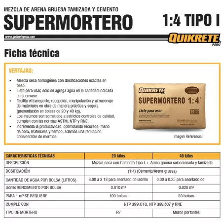 SUPERMORTERO 1:4 TIPO I - QUIKRETE 40 KG - PUESTO EN OBRA