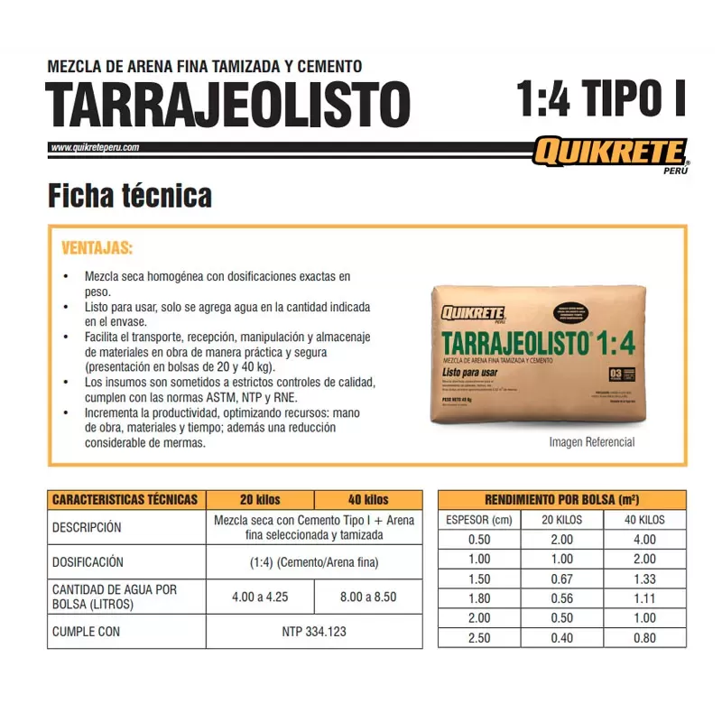TARRAJEO LISTO 1:4 TIPO I - QUIKRETE 40 KG + ENVIO A OBRA