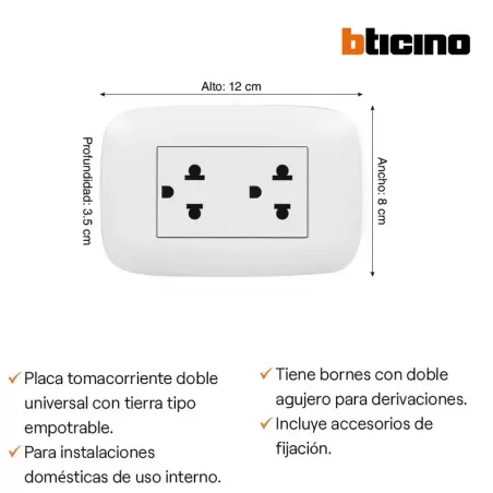 TOMA DOBLE + TIERRA EMPOTRABLE - BTICINO